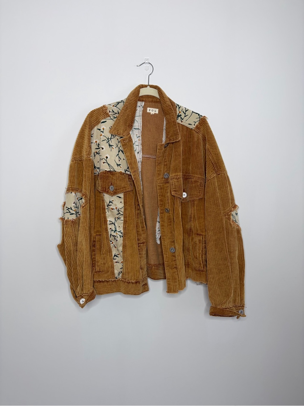 Three Bird Nest Camel Corduroy Patchwork Jacket with Cream Floral Panels